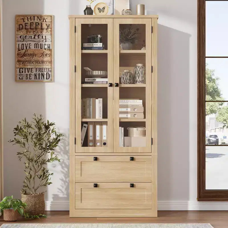 Farmhouse Kitchen Pantry Cabinet with Glass Doors, 72in Storage Cupboard with Drawers and Adjustable Shelves for Dining Room Bathroom Living Room