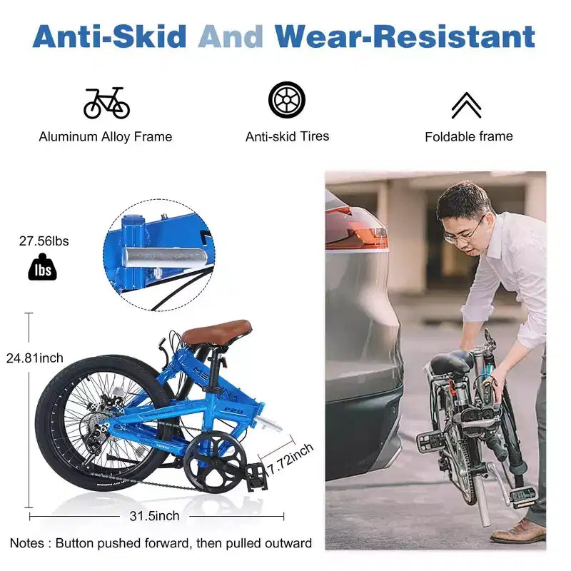 NAYSAYE 20 Inch Folding City Bike Lightweight Aluminum Frame 7 Speed for Commuting and Travel, Blue, 57.09*24.8*39.37
