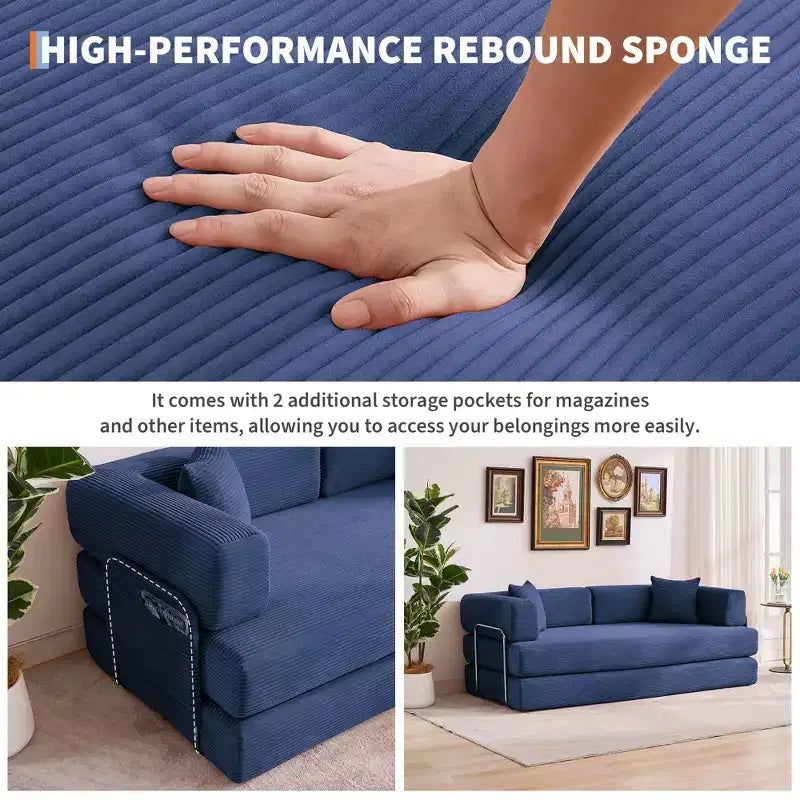 Modern 79 Corduroy Futon Sofa Bed for Small Spaces, 5-in-1 Convertible Sleeper Couch with Removable Armrests & Pillows