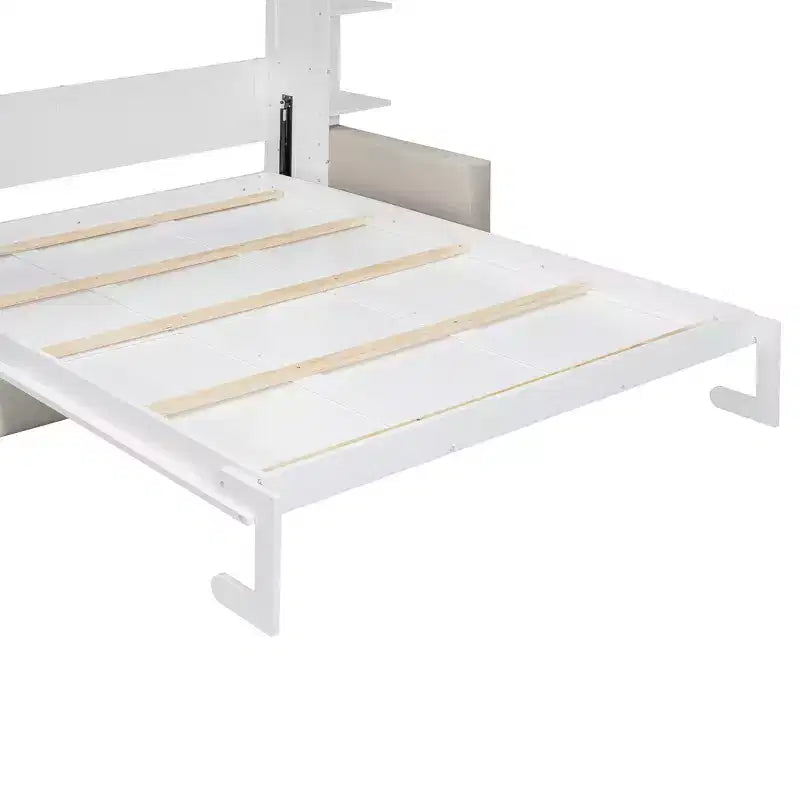 Queen Murphy Bed Wall Bed with Sofa, Queen Size Cabinet Bed Folding Wall Bed with Bookshelf and Shelves for Guest Room Office