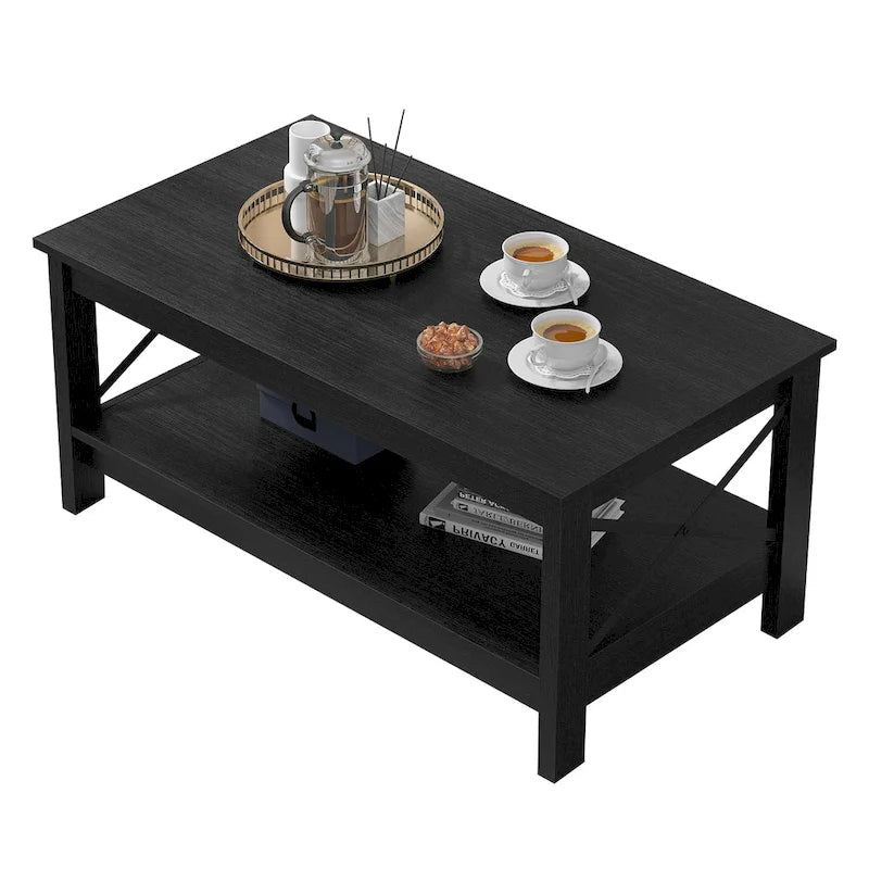 Farmhouse Wood Accent Coffee Table with Large Storage Shelf