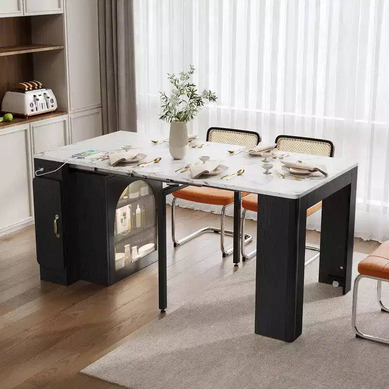 Whisen Extendable Dining Table, Mobile Rolling Island Table with 3 Removable Middle Leaves, Storage Cabinet