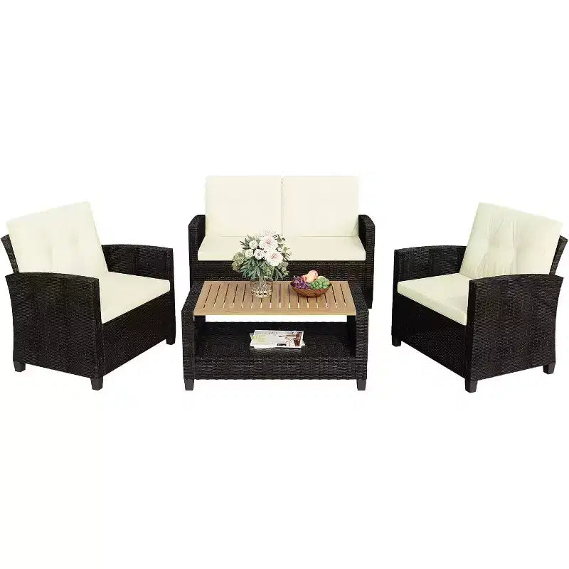 Heynemo 4-Piece Patio Furniture Set, All Weather Wicker Patio Conversation Seating Sets with 2-Tier Coffee Table, Outdoor Sofa Couch