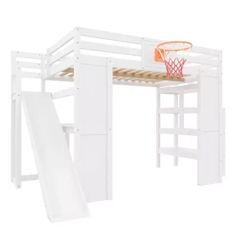 Luxystar Full Wooden Loft bed with Desk, Slide, Basketball hoop and Storage Staircase for Kids and Teens