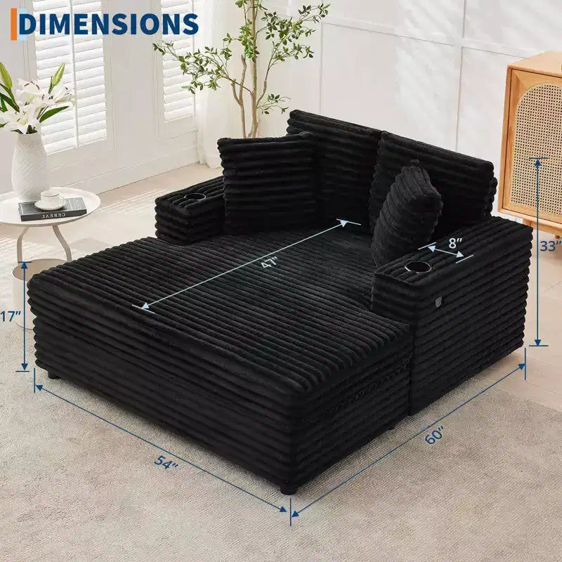 Corduroy 3-Seat Lounge Sofa with Cup Holders & Charging Ports