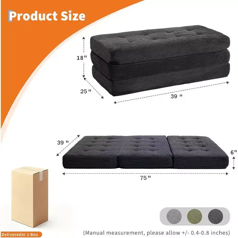 39x75 Tri-Fold Memory Foam Sofa Bed  6 Tufted Mattress