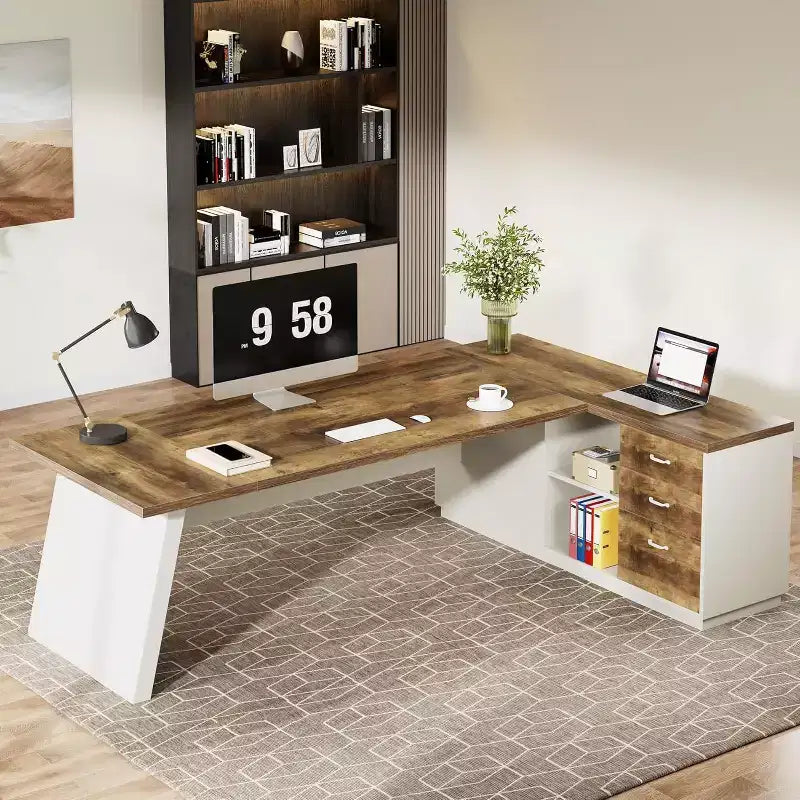 Lantine Modern 78 L-Shaped Executive Desk with Drawers and Lateral File Cabinet