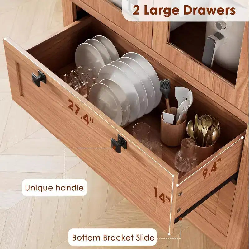 Farmhouse Kitchen Pantry Cabinet with Glass Doors, 72in Storage Cupboard with Drawers and Adjustable Shelves for Dining Room Bathroom Living Room