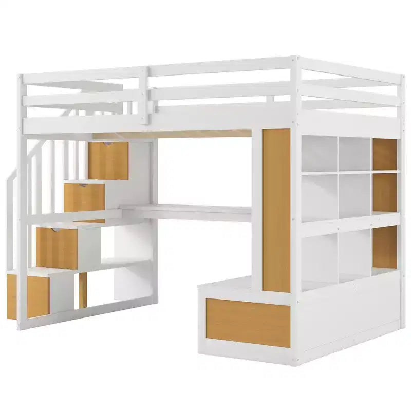 Full Size Loft Bed with Stairs and Desk, Wood Loft Beds Frame with Storage Drawers and Bookcase Shelves for Adults Teens Kids