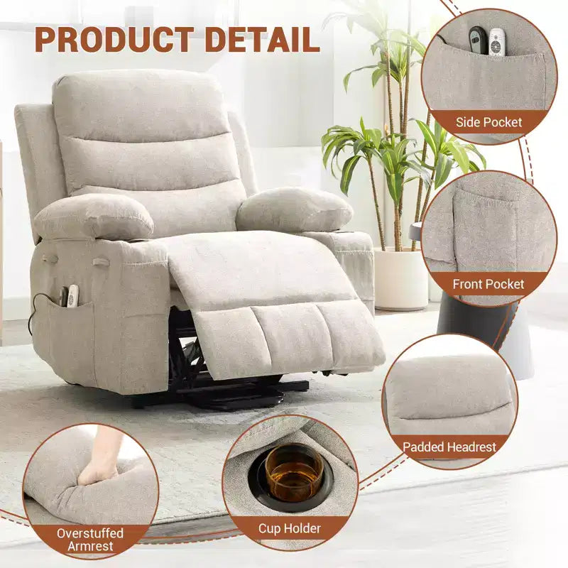 Lift Recliner Chair with Massage & Heat, Oversized Power Recliners, Home Theater Seat with 2 Cup Holders Side, Glider Reclining Single Sofa Chair