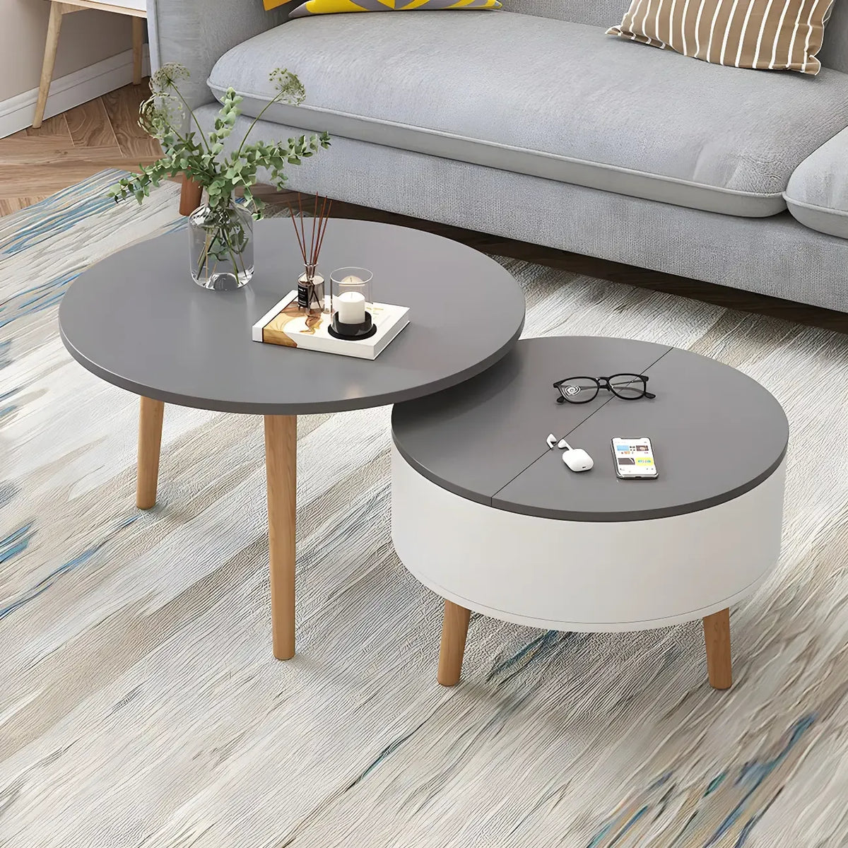 Black White Modern Round Wood Coffee Table with Storage
