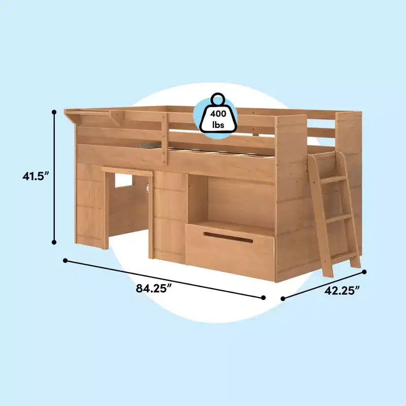 Max & Lily Modern Farmhouse Low Loft Bed with Storage Drawer, Solid Wood Bed for Kids