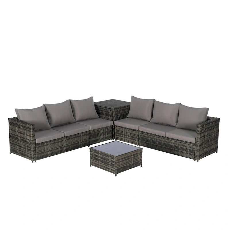 6-Piece Wicker Sectional Sofa Set with Corner & Glass Table