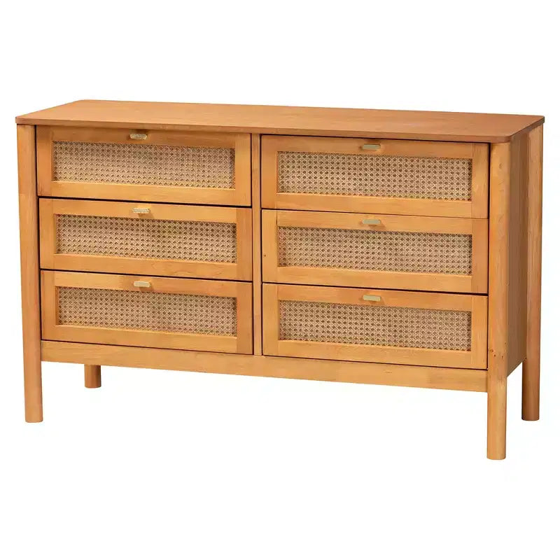 Baxton Studio Jenn Golden Brown Wood Japandi 5-Piece Queen Size Bedroom Set with Distressed-Finished Rattan