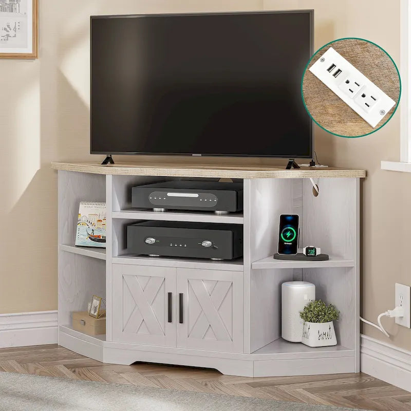 Farmhouse Corner TV Stand Entertainment Center Media Console for TVs up to 55 with Power Outlet