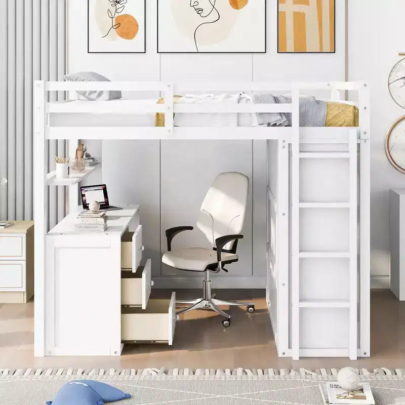CLIHOME Full size Loft Bed with 3 Storage Drawers, Desk and Wardrobe