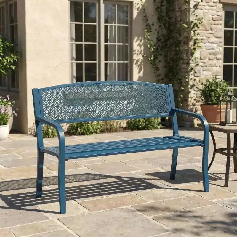 2 Person Metal Outdoor Bench for Garden, Steel Benches Furniture with Geometric Backrest for Patio, Garden & Porch