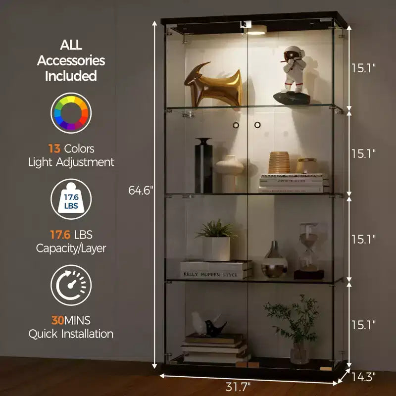 4-Tier Tempered Glass Display Cabinet, Full-Glass Curio Case with LED Lights & Human Body Sensor, Storage Cabinet for Collectibles & Decor