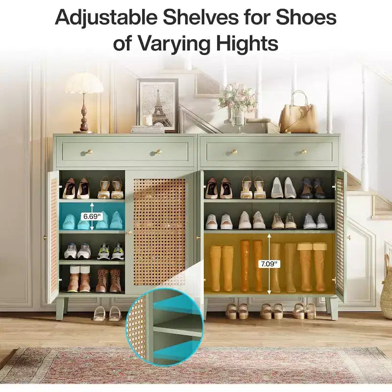 Lantine 6-Tier Modern Boho Shoe Cabinet with Doors, Drawer and Adjustable Shelf. Rattan design, mint green. Ideal for entryway, living room.