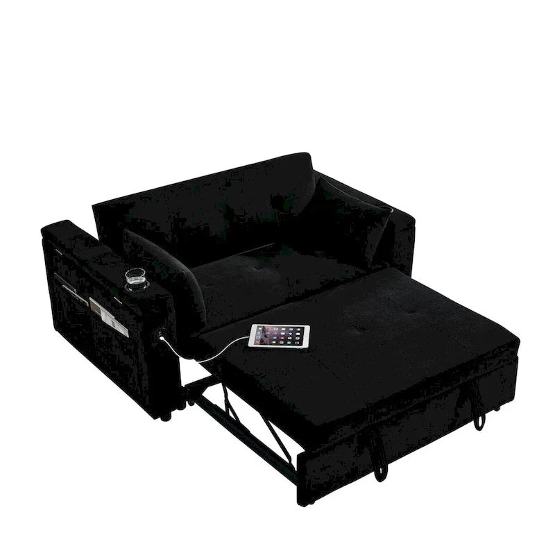 54 Pull-Out Sleeper Sofa Bed, 2 Seat Recliner Sofa Bed with Storage, Lumbar Pillow, USB Power Outlet