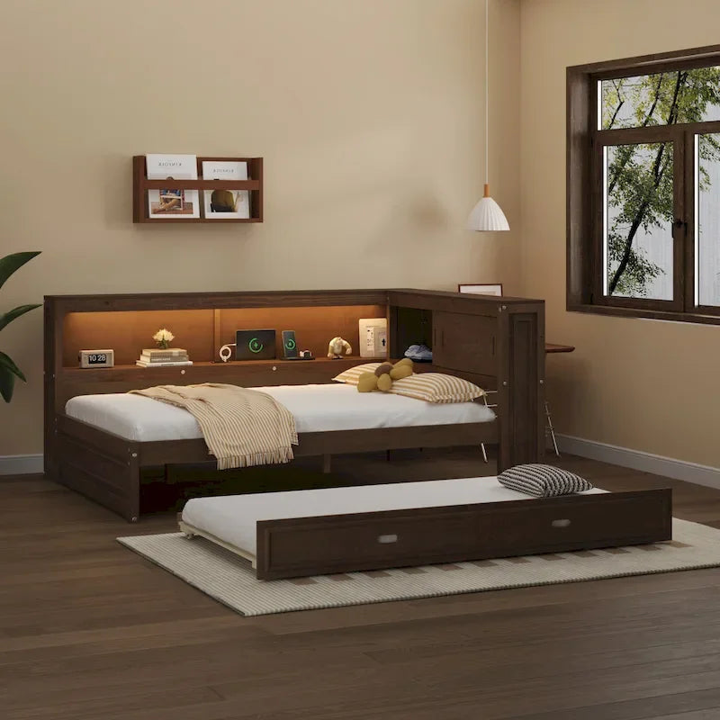 Lit de repos double avec étagères, chargement USB, lumières LED et lit gigogne simple