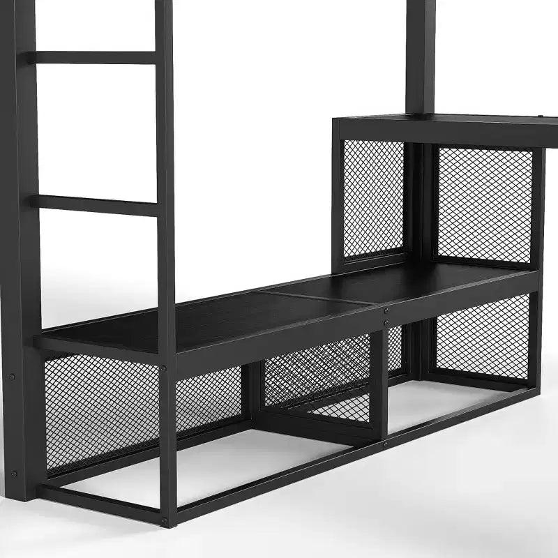 Bellemave Queen Metal Loft Bed with Desk, Storage Shelves & Hanging Rod, Space-Saving Loft Bed Frame with Guardrails & Ladder, No Box Spring, Black