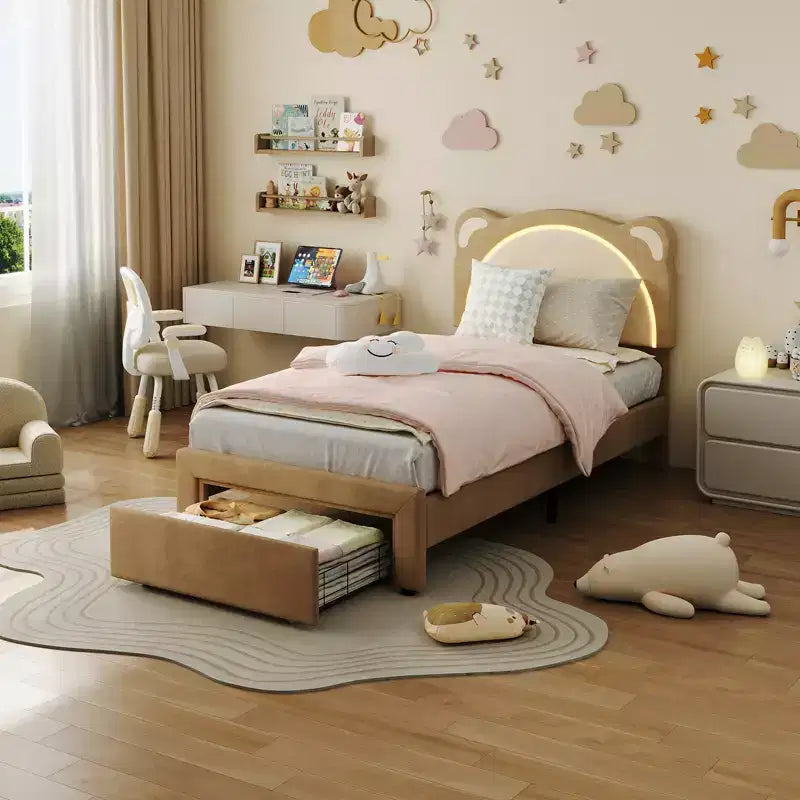 Cute Kids Bed Frame - Adjustable adorable bear design, suede upholstery, storage drawers, solid wood slats, quiet design, easy to assemble.