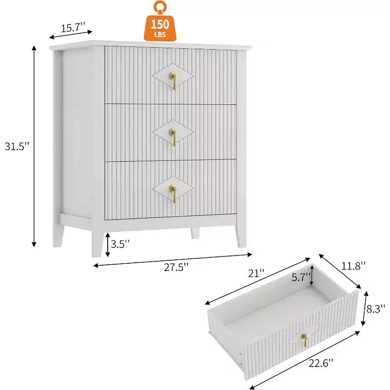 2Pcs Fluted Wood Nightstands, 27.5 Wide 3-Drawer Dresser Set, Modern Bedside Tables, Chest of Drawers for Bedroom, Living Room