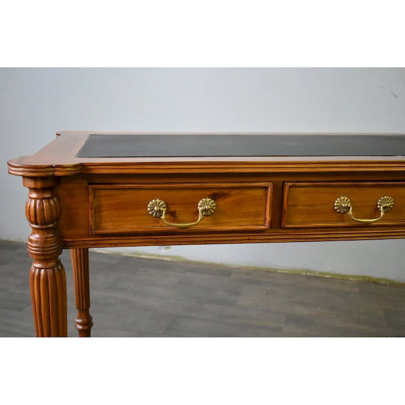 Dark Brown / Light Brown Victorian-Style Solid Mahogany Desk with Black Leather Top and 3 Drawers �C Single Unit