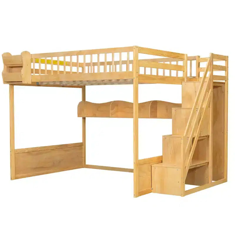 Queen Loft Bed Frame with Staircase, Wardrobe & Storage Shelves - MDF, 650 lb