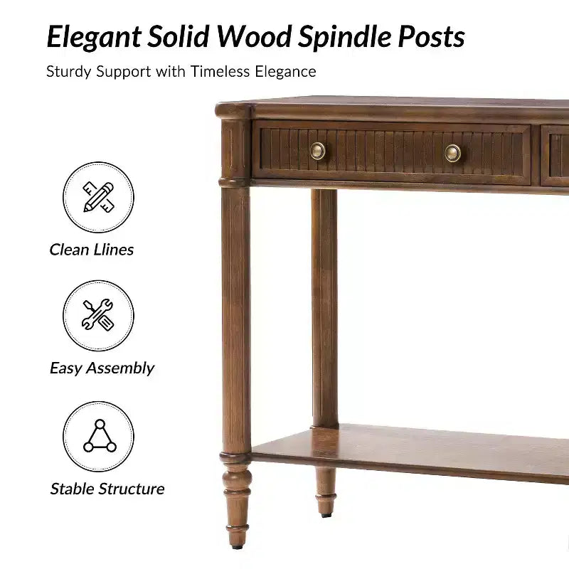 47.2 Walnut Console Table with 2 Fluted Drawers & Lower Shelf