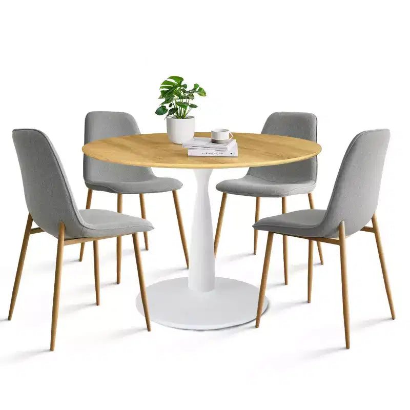 5-Piece Round Dining Set, 37 Pedestal Table with Wood-Look Top and Upholstered Curved Chairs, Modern Style-Panipeachy
