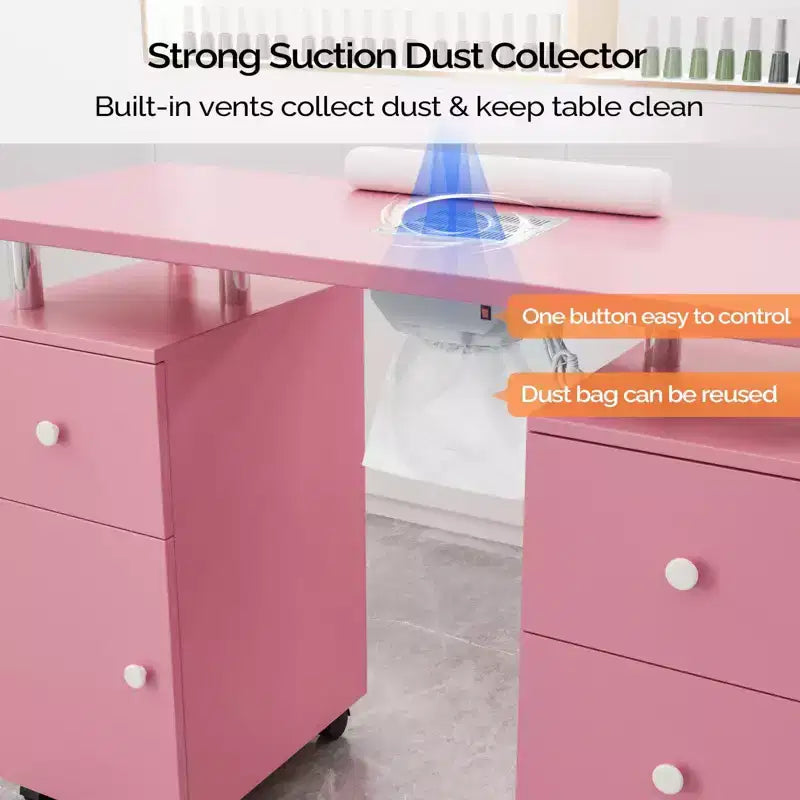42.5 in. White MDF 3-Drawer Manicure Table Nail Desk with Storage, Doors, Electric Dust Collector