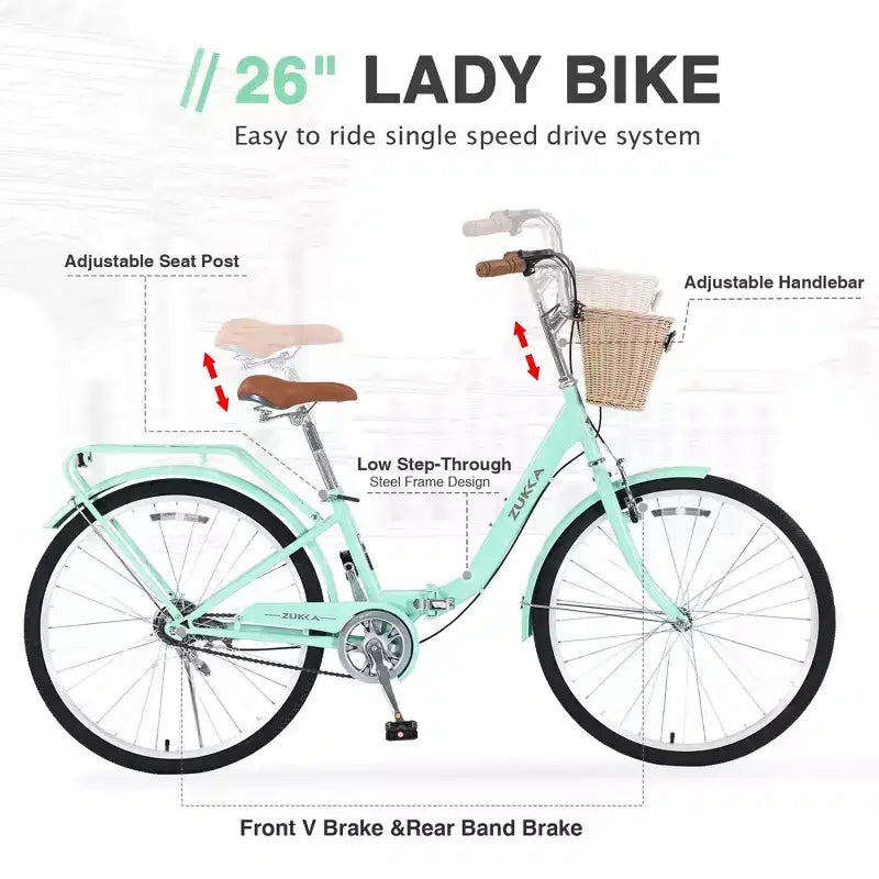 NAYSAYE 26 Inch Single Speed Folding Lady Bike Durable Steel Frame for Easy Storage and Commuting, Green, 66.93*25.2*40.95