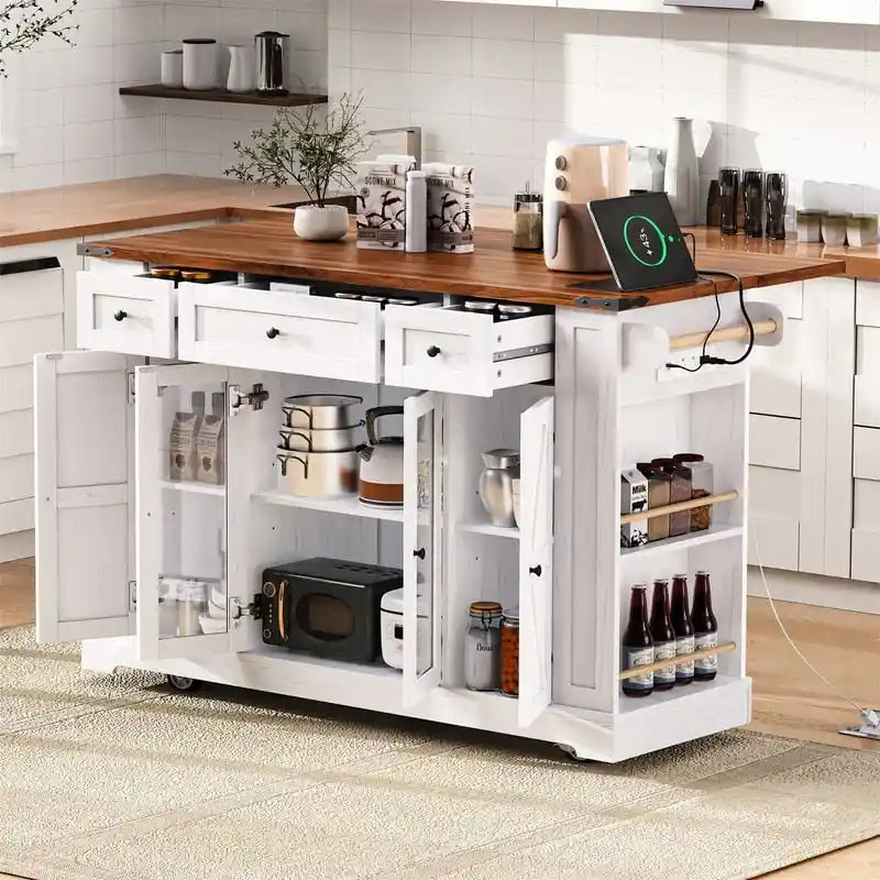Îlot de cuisine avec rabat, 3 tiroirs et 5 étagères latérales ouvertes, desserte de cuisine roulante avec 2 portes d'armoire en verre trempé et prise de courant