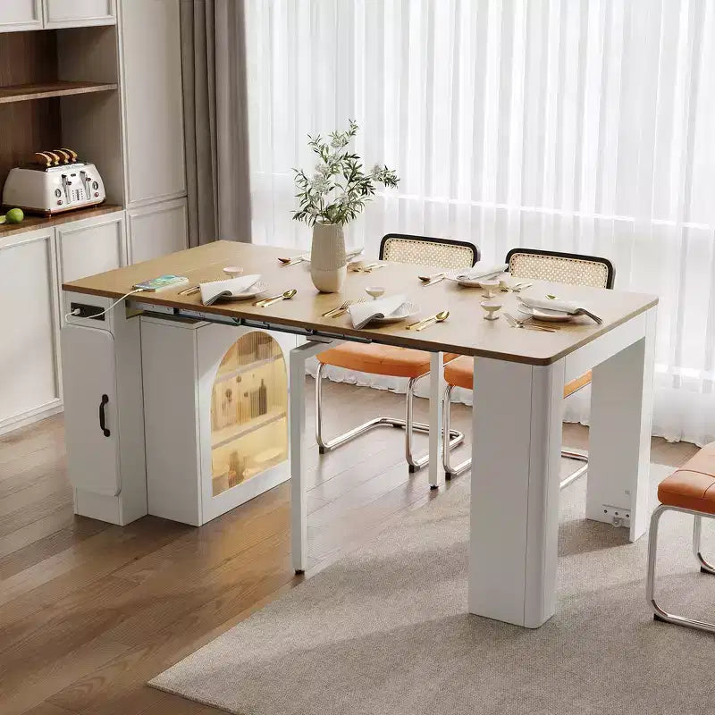 Whisen Extendable Dining Table, Mobile Rolling Island Table with 3 Removable Middle Leaves, Storage Cabinet