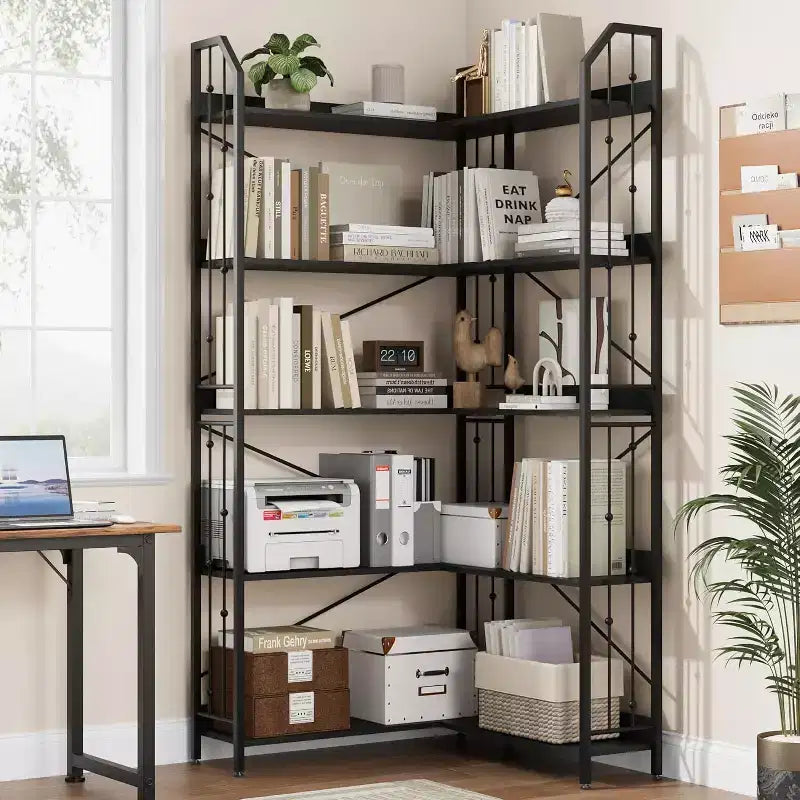 Étagère d'angle en forme de L, étagère d'angle de style industriel à cinq niveaux en forme de L avec perles décoratives, convient pour les salons
