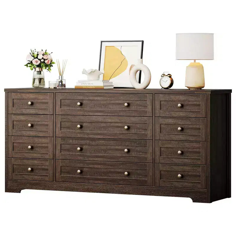 12 Drawers Dresser for Bedroom Wooden, Modern Wide TV Stand Dressers for 65 Inch TV, Wood Chest of Drawers, Farmhouse Clothes Storage for Living Room