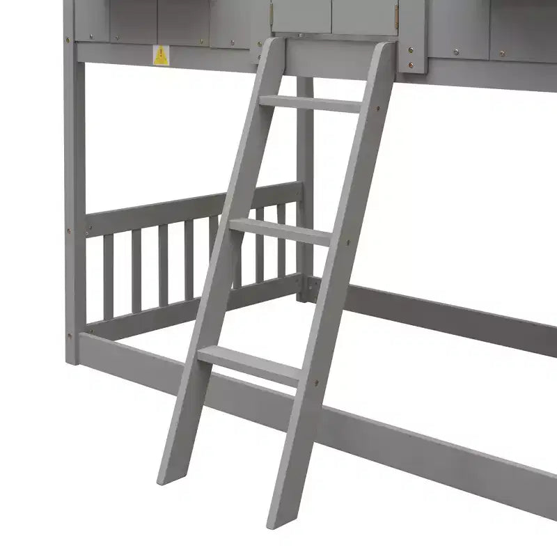 Twin Size House-Shaped Loft Bed, Wood Playhouse Loft Bed with Ladder & Guardrails for Kids