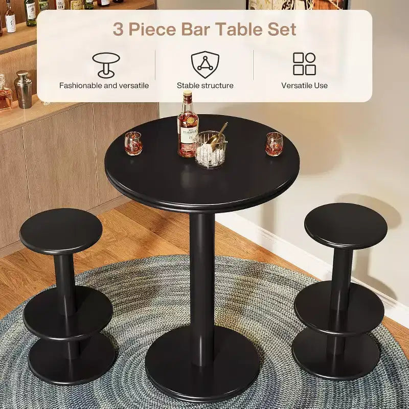 Ensemble table de bar ronde Lantine de 99,06 cm de haut, table de bistrot moderne noire avec 2 tabourets de bar pour cuisine, salon, appartement