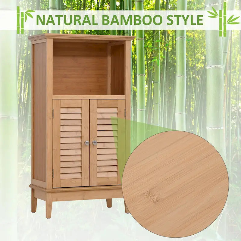Brown Bamboo Floor Storage Cabinet with Open Shelf and 2 Doors, 1-Person Assembly