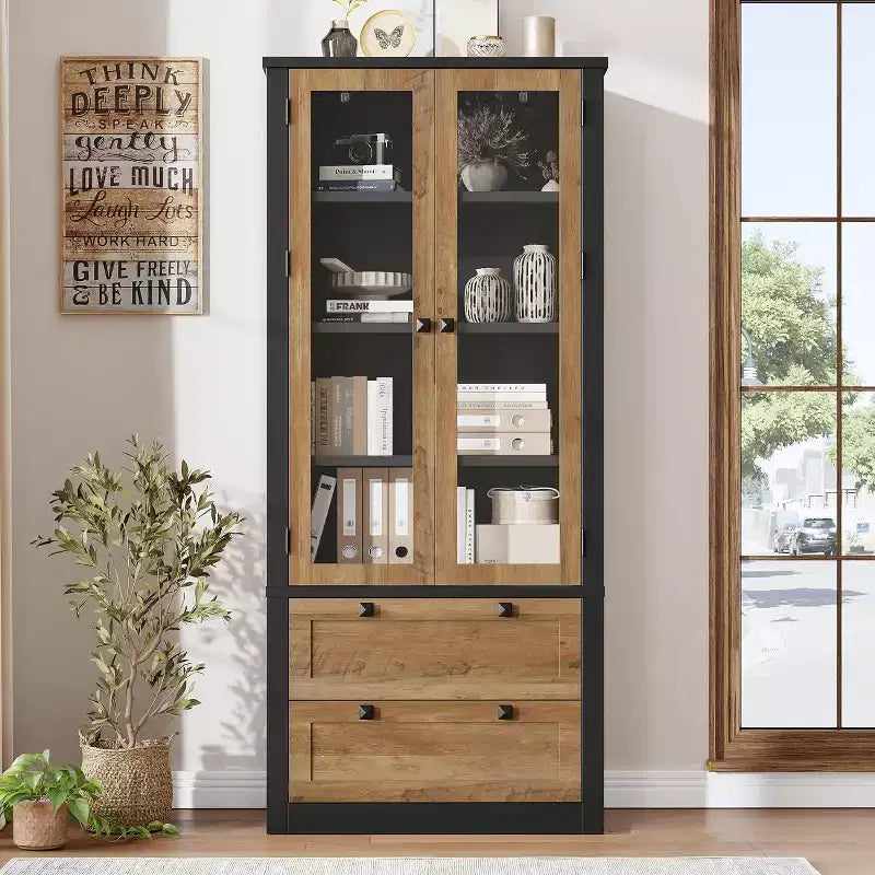 Farmhouse Kitchen Pantry Cabinet with Glass Doors, 72in Storage Cupboard with Drawers and Adjustable Shelves for Dining Room Bathroom Living Room