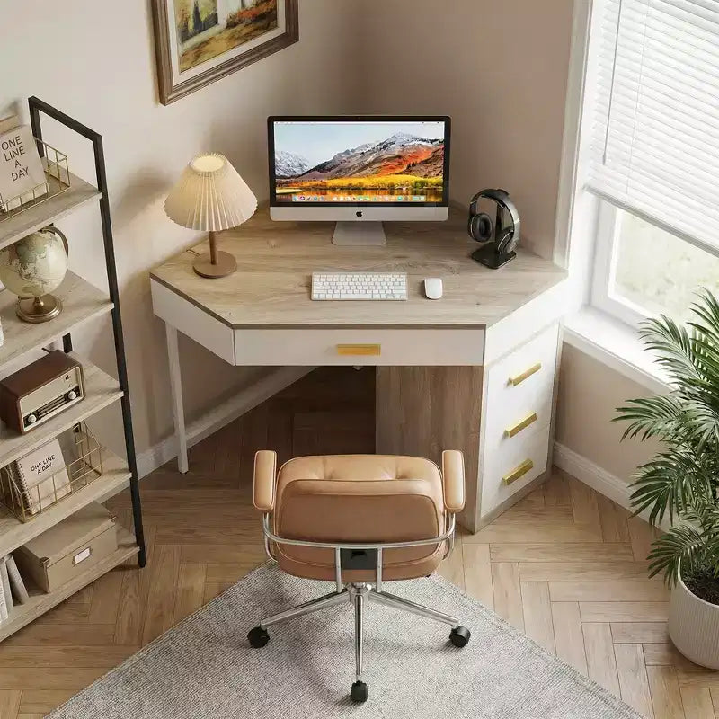 MAYEERTY 90 Triangle Corner Desk with 4 Drawers, Vanity Makeup Computer Desk