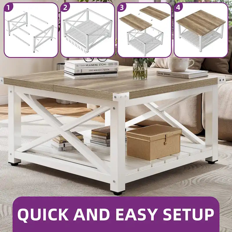 Moasis Farmhouse Square Lift Top Coffee Table with Storage Shelf for Living Room