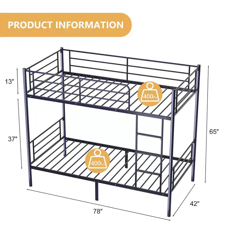 Karl Home Twin Over Twin Steel Bunk Bed Frame Ladder Bedroom Dorm Room for Kids Adult Children