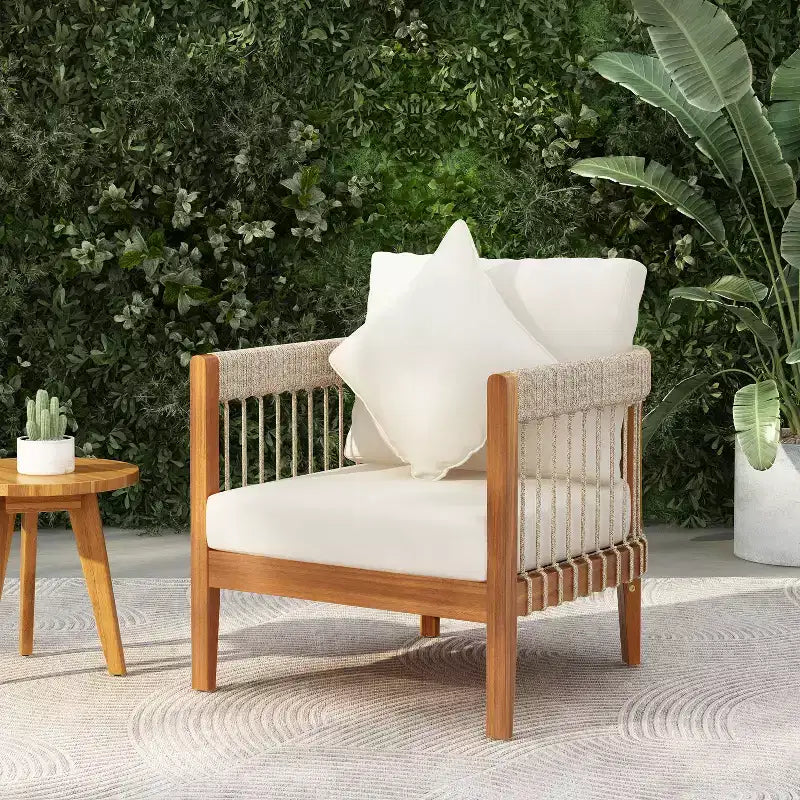 Christopher Knight Home Fauteuil club de patio Clifton en acacia rustique et corde, rembourré avec dossier incurvé