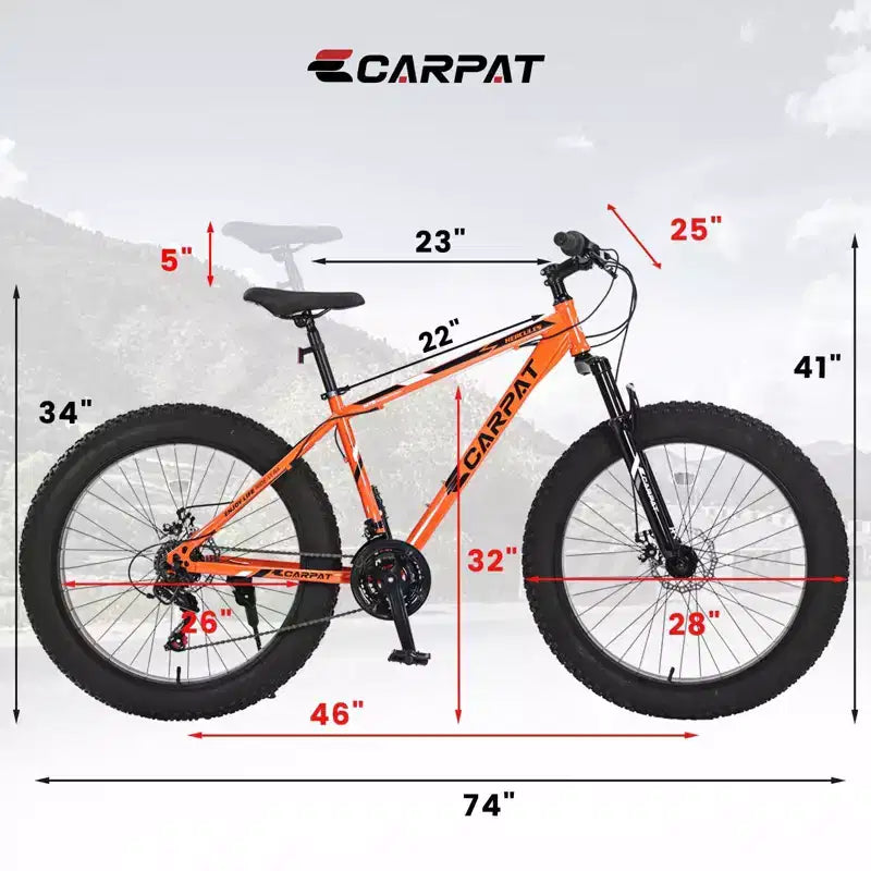 NAYSAYE Bicycle 26 Inch Fat Tire Bike 21 Speeds Full Gearing for Adults and Youth for Off Road, Orange, 74*25*41