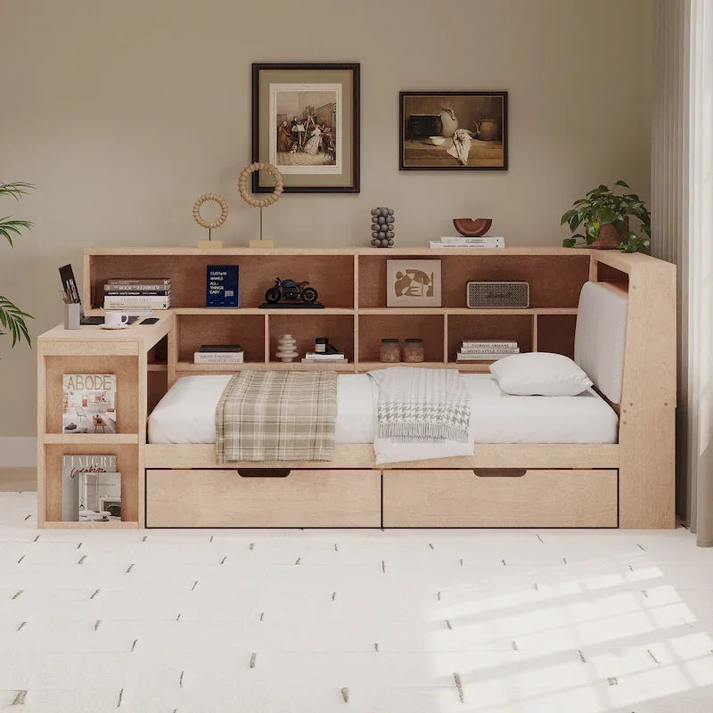 L-shaped Wooden Sofa Daybed with Desk, Bookcase Cabinet, Corner Bed with Under-bed Drawers, Upholstered Headboard Built-in Light