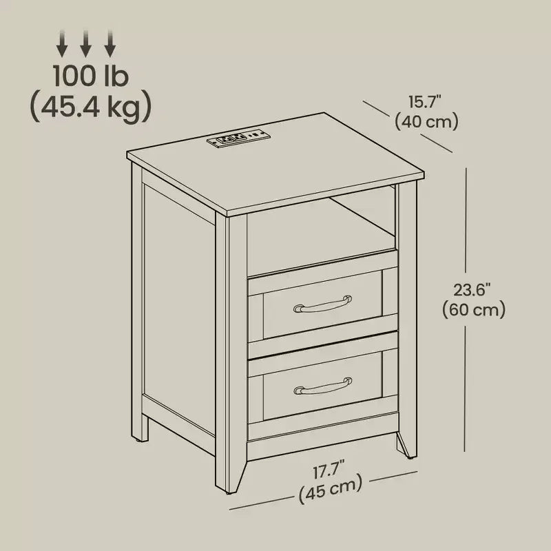 Set of 2 Farmhouse Nightstands with USB Charging - 2-Drawer Bedside Tables, Rustic Modern Design