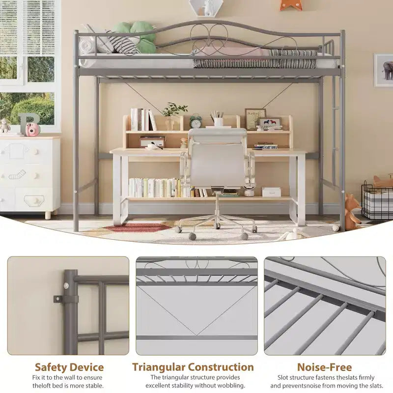 Lit mezzanine double avec échelle amovible et garde-corps de sécurité intégral, lit mezzanine double avec cadre en métal robuste d'une capacité de 180 kg, gain de place.